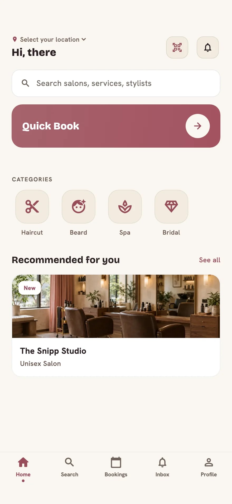 Snipp customer discovery screen with fictional demonstration salon data.