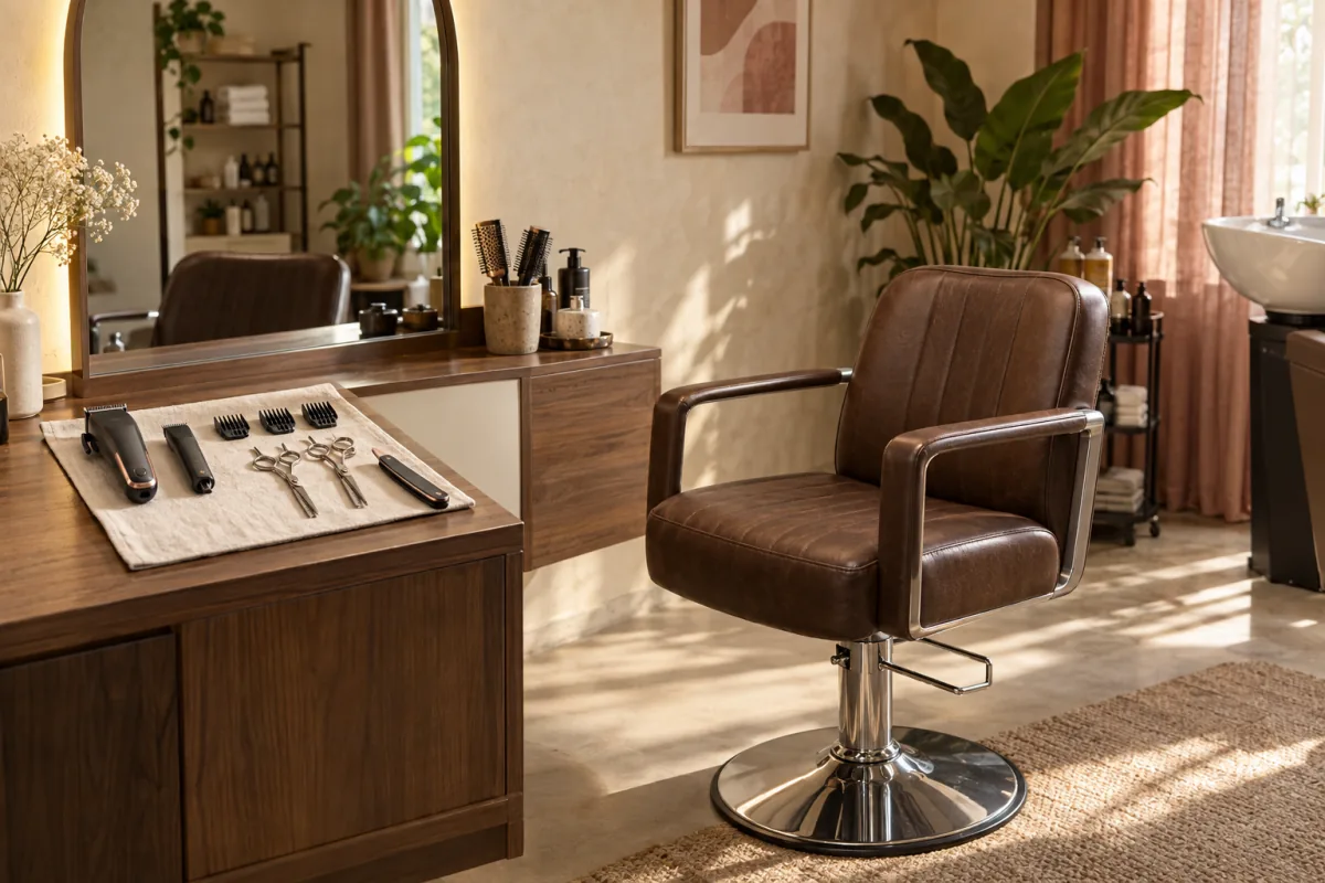 Illustrative warm salon workstation with an upholstered chair, arched mirror and unbranded grooming tools.
