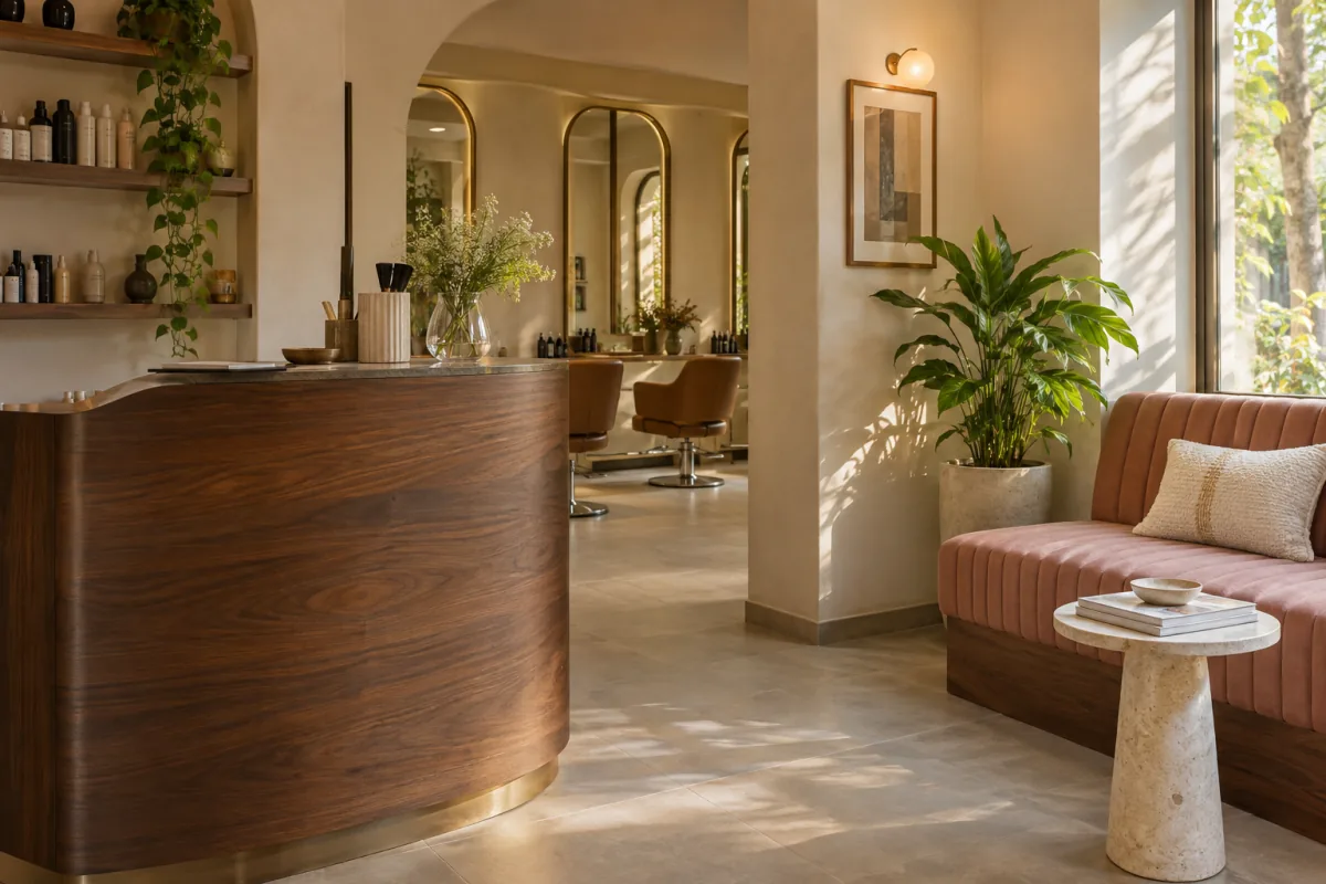 An inviting salon reception with natural materials and a quiet waiting area.