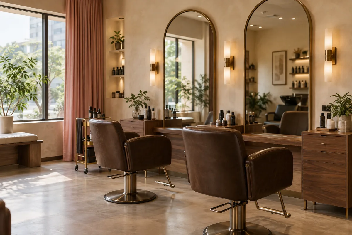 A sunlit salon with walnut workstations, arched mirrors and warm rose chairs.